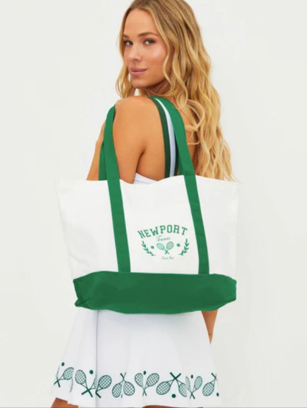 Beach Riot Newport Tennis Canvas Tote Bag - White with Green Trim
